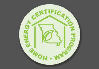 Home Energy Certification Program logo with artwork of a leaf inside an outline of Missouri inside a house.