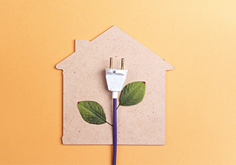 An electric cord with leaves coming out the side of the cord above a cutout of a house.