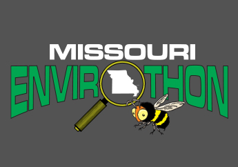 The words Missouri Envirothon with the O in Envirothon made of a magnifying glass with the shape of Missouri inside it. A bumblebee flys next to the magnifying glass.