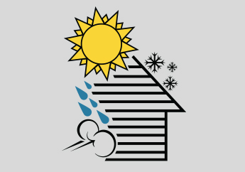Drawing of a house surrounded by the sun, wind, rain and snow.