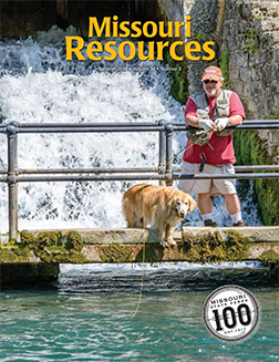 A dog helps his human companion fish for trout at Roaring River State Park.