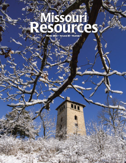 An early season snow adorns tree branches, framing the water tower ruins at Ha Ha Tonka State Park, south of Camdenton.