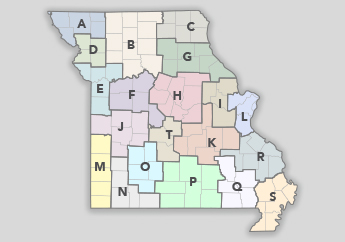 The 20 solid waste management districts depicted on a map of Missouri