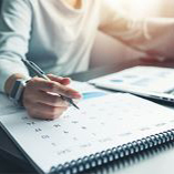 A woman sitting in front of a laptop writing events on a personal calendar