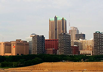 St. Louis cityscape including skyscraper buildings and the Mississippi waterfront in St. Louis