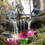 Three department staff applying bright pink water tracing fluid in the Lancaster Goodwin sinkhole