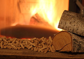 A wood-burning stove with wood pellets and wood logs