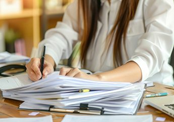 A woman sitting at a wood desk holding a pen and reviewing a stack of documents