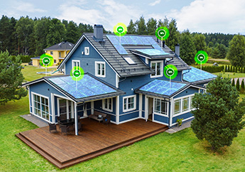 Blue house with solar panels with infographics on the roof.