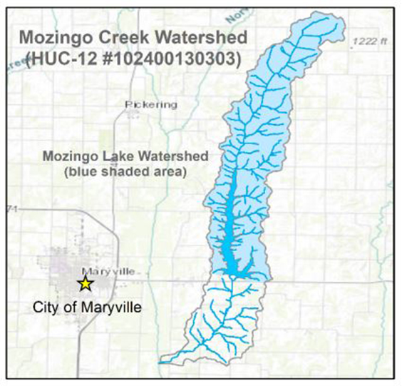 Map of the Mozingo Creek Subwatershed, showing the HUC 12 boundaries