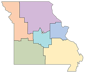 State of Missouri outline with MoDNRs six regional office coverage areas designated