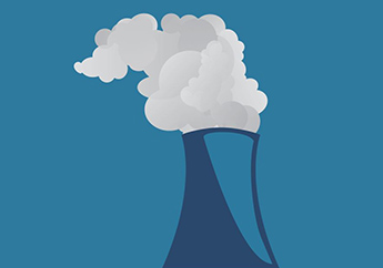 An illustration of a nuclear cooling tower against a cloudless blue sky, with water vapor drifting upward.