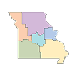 State of Missouri outline with MoDNRs six regional office coverage areas designated