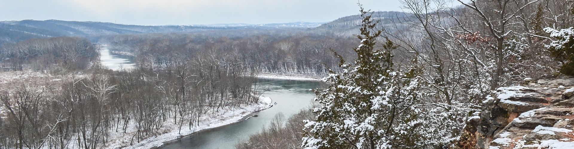 The Meramec River and valley that surrounds it covered in a layer of snow from a bluff overlook in Castlewood State Park