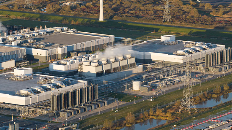 Aerial view of a large data center cooling system