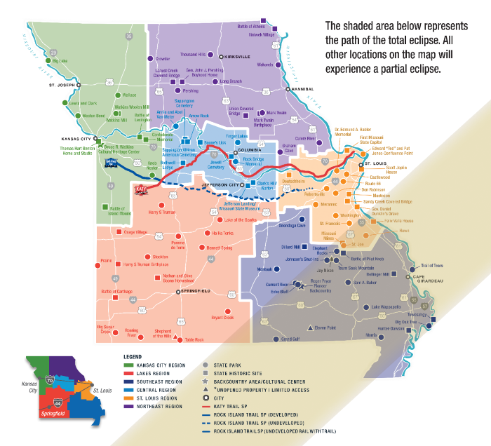 Graphic image of Missouri with shared area representing path of total eclipse.
