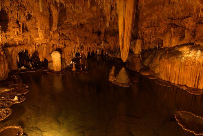 Stalactites and stalagmites in Onondaga Cave.