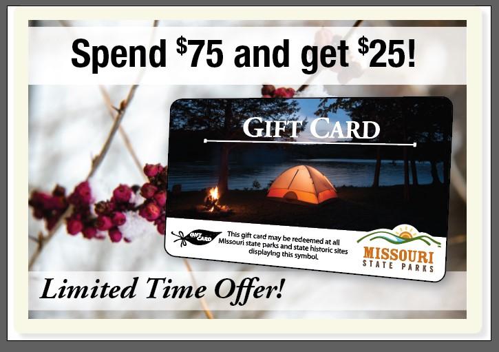 Gift card with a tent lit up at night. Green and red reindeer are on the sides. Text reads “Spend $75 and get $25! Limited time offer!”