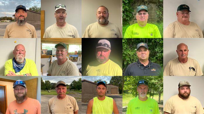 Group of 15 men outdoors and indoors, some wearing work or casual clothes, posing for photos.