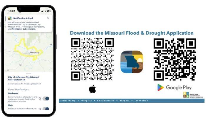 A phone shows a Missouri flood alert app. QR codes for Apple and Google Play downloads are next to the app icon and Missouri DNR logo.