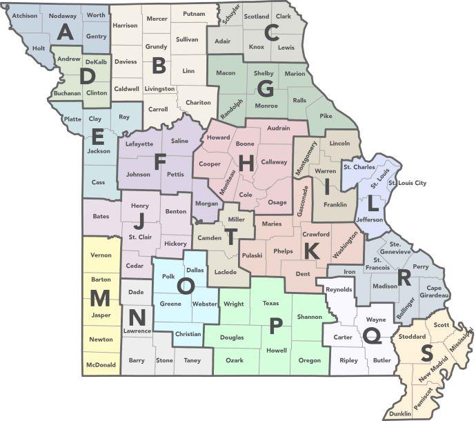 The 20 solid waste management districts depicted on a map of Missouri