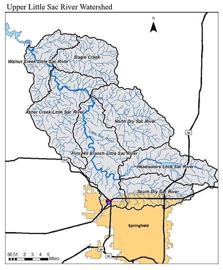 Map of the Upper Little Sac River Watershed, showing Walnut Creek-Little Sac River, Slagle Creek, Asher Creek-Little Sac River, North Dry Sac River, Flint Hill Branch-Little Sac River, South Dry Sac River and Headwaters Little Sac River subwatersheds.