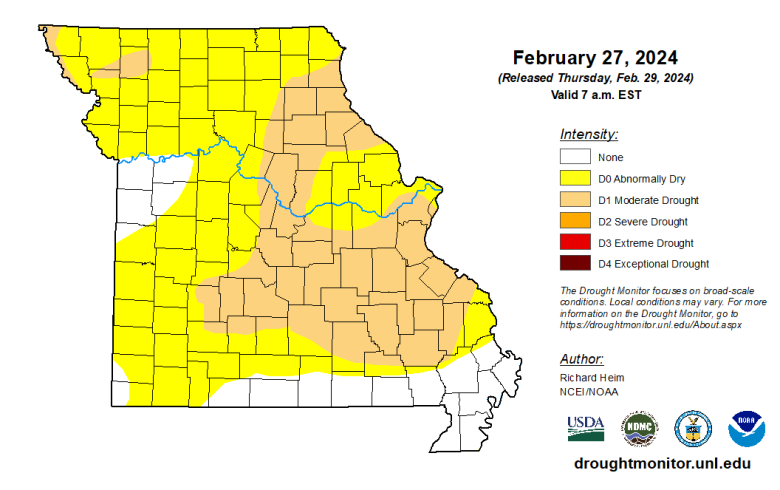 Missouri map with county lines and different colors to indicate the intensity of any drought conditions as of Feb. 27, 2024