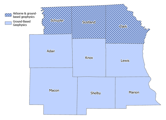 A map showing the nine counties of Northeast Missouri that are part of the Northeast Missouri Aquifer Characterization Project. 