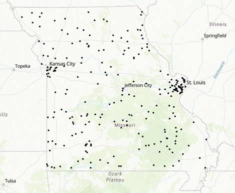 A map of Missouri displaying pins signifying where streamgages are located. 