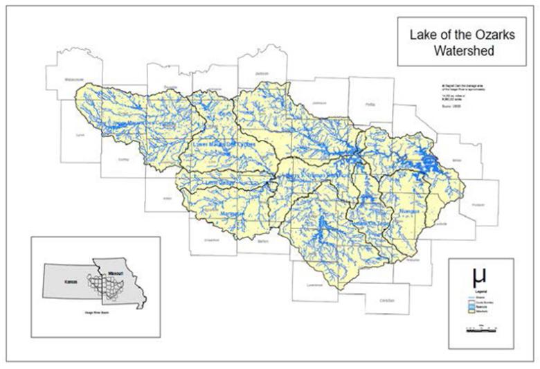 Map of the entire Lake of the Ozarks Watershed, showing the watershed boundary, subwatersheds, and county boundaries in both Kansas and Missouri