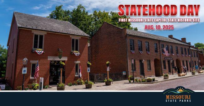 Historic brick buildings decorated with American flags and bunting, celebrating Statehood Day at Missouri State Parks on August 10, 2025.