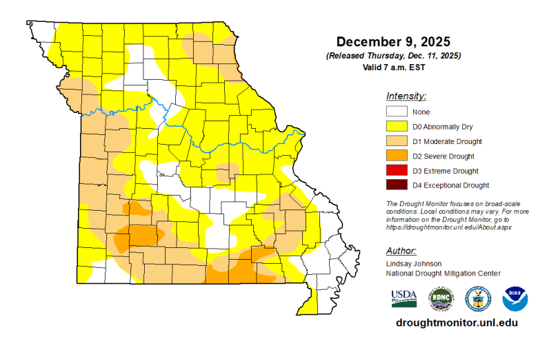 Missouri map with county lines and different colors to indicate the intensity of any drought conditions as of Dec. 9, 2025