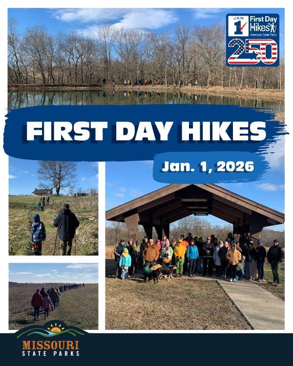 Groups of people hiking and gathering outdoors for Missouri State Parks’ First Day Hikes event on January 1, 2026.
