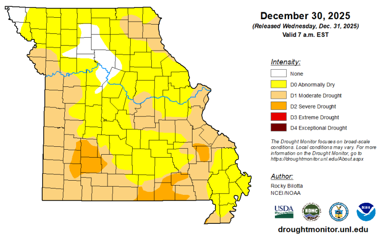 Missouri map with county lines and different colors to indicate the intensity of any drought conditions as of Dec. 30, 2025