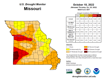 Missouri map with county lines and different colors to indicate the intensity of drought conditions on Oct. 18, 2022