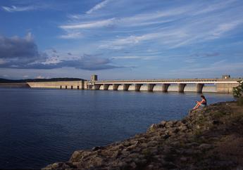 Table Rock Dam, as viewed from the hillside along Table Rock Lake, is located in Branson, Missouri, and impounds the White River