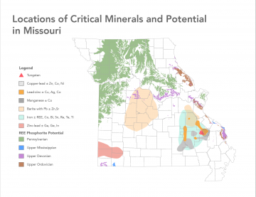 Map of Missouri with locations of several critical minerals, including tungsten, copper, lead, zinc, manganese, barite, iron and phosphorite outcrops