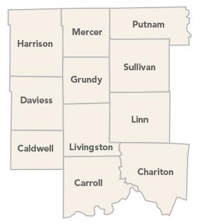 District B Map - North Missouri Solid Waste Management District, showing Harrison, Daviess, Caldwell, Mercer, Grundy, Livingston, Carroll, Putnam, Sullivan, Linn and Chariton counties