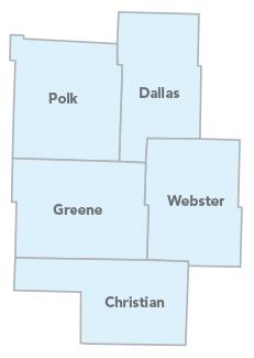 District O Map – Ozark Headwaters Recycling and Materials Management District, showing Polk, Greene, Christian, Dallas and Webster counties