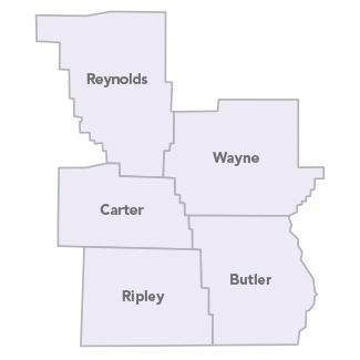 Ozark Foothills Regional Solid Waste Management District map, showing Butler, Carter, Reynolds, Ripley and Wayne counties