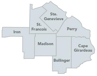 Southeast Missouri Solid Waste Management District map, showing Bollinger, Cape Girardeau, Iron, Madison, Perry, St. Francois and Ste. Genevieve counties