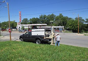 A direct push drill rig is used to take soil samples during the site investigation at Zill LLC