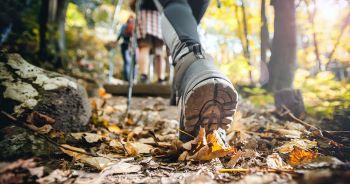 View of hikers lower leg, with boot on leaf covered trail with other hikers further down trail.