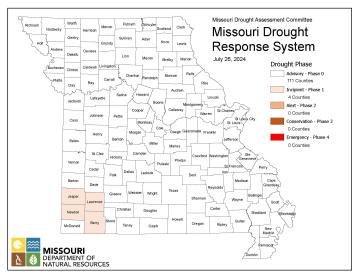 Missouri map with county lines and different colors to indicate the intensity of any drought conditions as of July 26, 2024