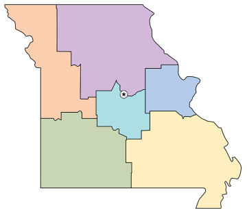 State of Missouri outline with MoDNRs six regional office coverage areas designated