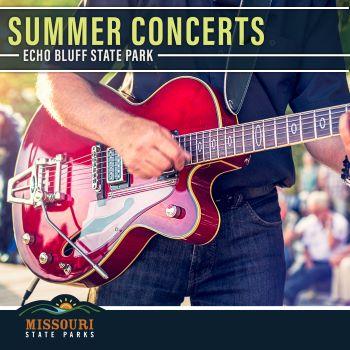 Man in blue shirt and jeans playing electric guitar with crowd in background. Summer Concert Series Echo Bluff SP in top left corner.