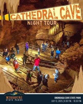 Several people in a cave walking on a pathway. Text says “Cathedral Cave Night Tour.”