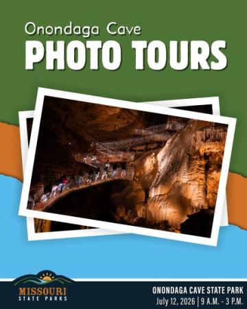 A photo of Onondaga Cave with a caption of "Onondaga Cave Photo Tours" on a blue, orange, and green background.