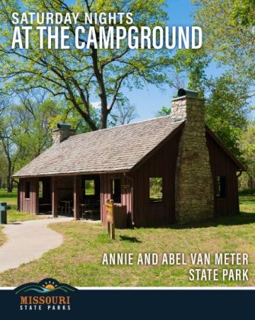 A brown pavilion sitting in a field with Saturdays at the campground at the top